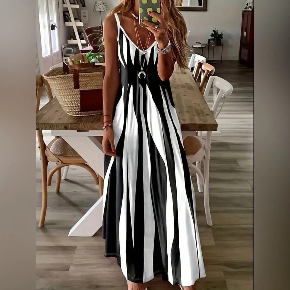 New Abstract Geo Print Maxi Dress Sleeveless Spaghetti Strap Black White Stripe - Picture 9 of 9